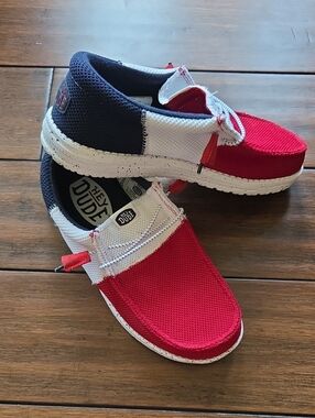 Hey Dude Casual Slip-On Shoes in Red, White & Navy